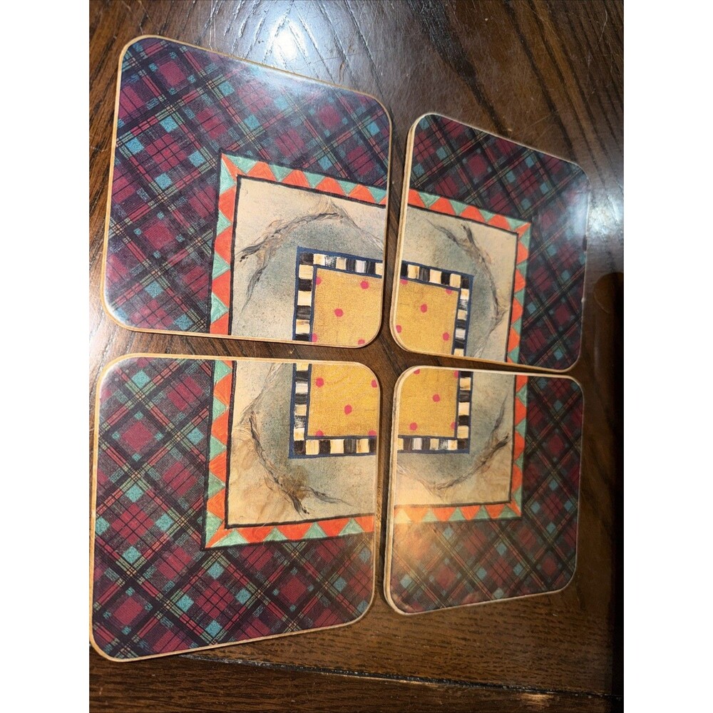 MacKenzie-Childs Pimpernel Square Cork Coaster Set Celtic Corners Plaid Dots